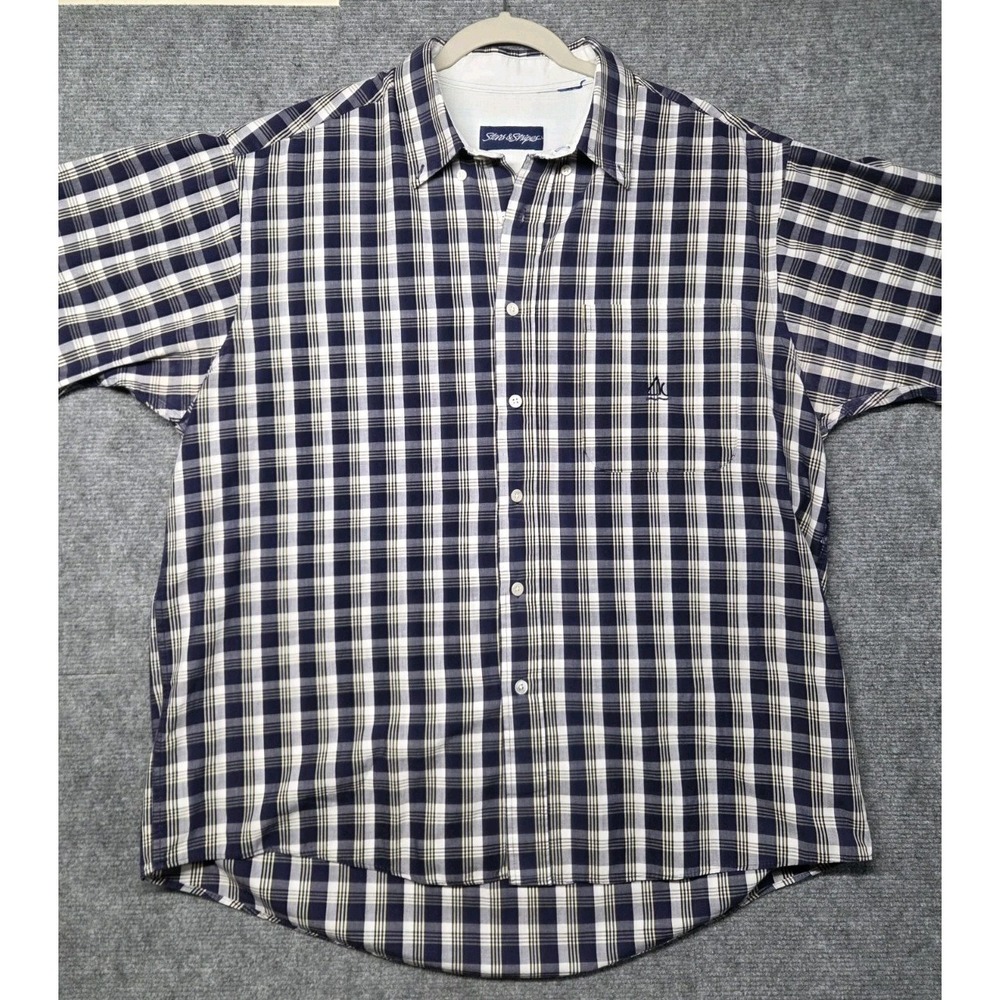 90s Stars & Stripes Plaid Shirt Mens L Blue White Short Sleeve Button Up - Picture 1 of 10